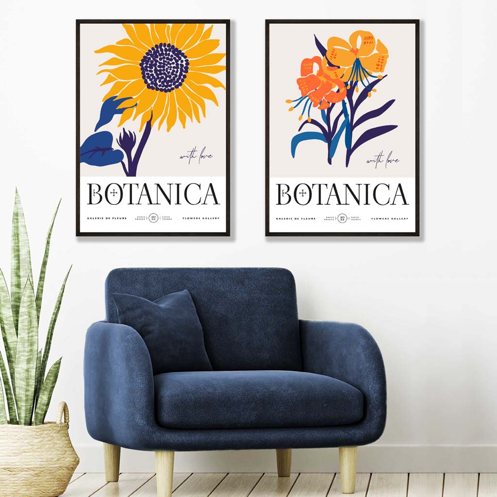 Sommerblomstermarked i blått og gult – innrammet sett med 2 kunsttrykk