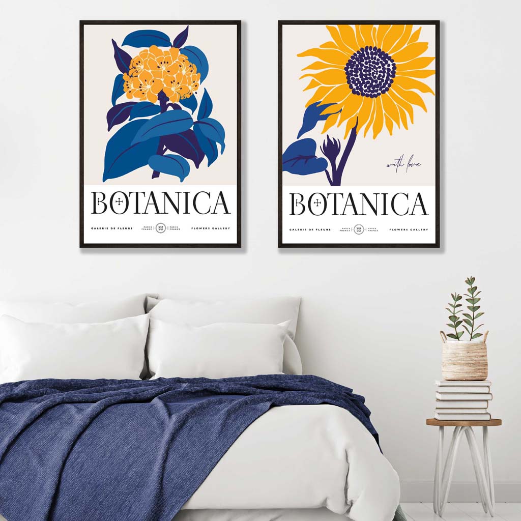 Sett med 2 kunsttrykk med blå og gule solsikker