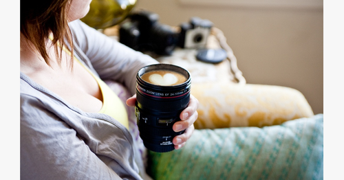 Skanto | SLR Kamera Linse rustfritt stål reise kaffekopp med sølefri lokk