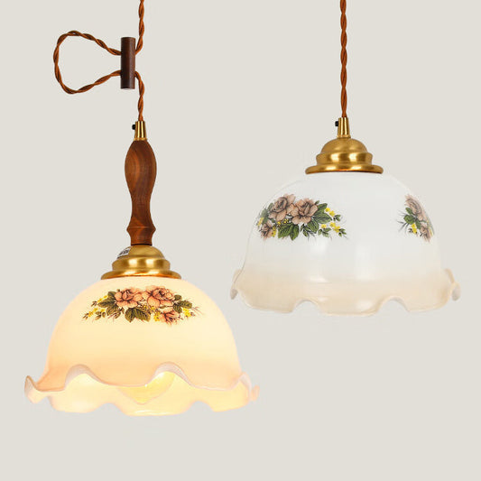 Norvo | Tradisjonell Vintage Messing Snor Valnøtt Glass Blomst Buet 1-Lykt Pendellampe For Spiserom