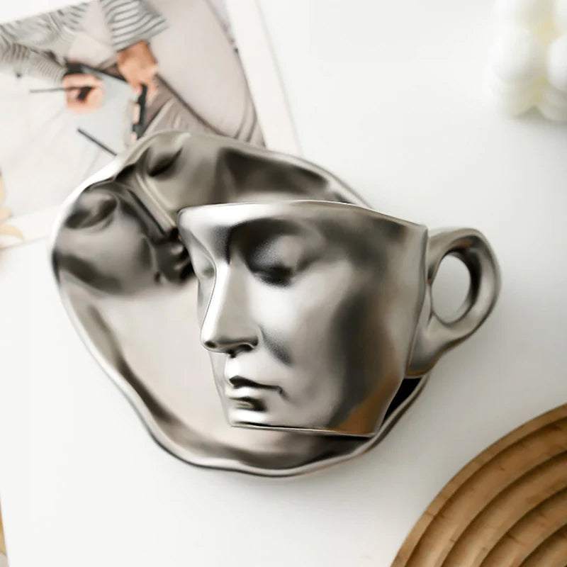 Metall Berørende Ansikt Kreativ Keramikk Kyss Kaffe Kopp, Kunstnerisk Stemning Mugge & Underkop Sett | Skanto