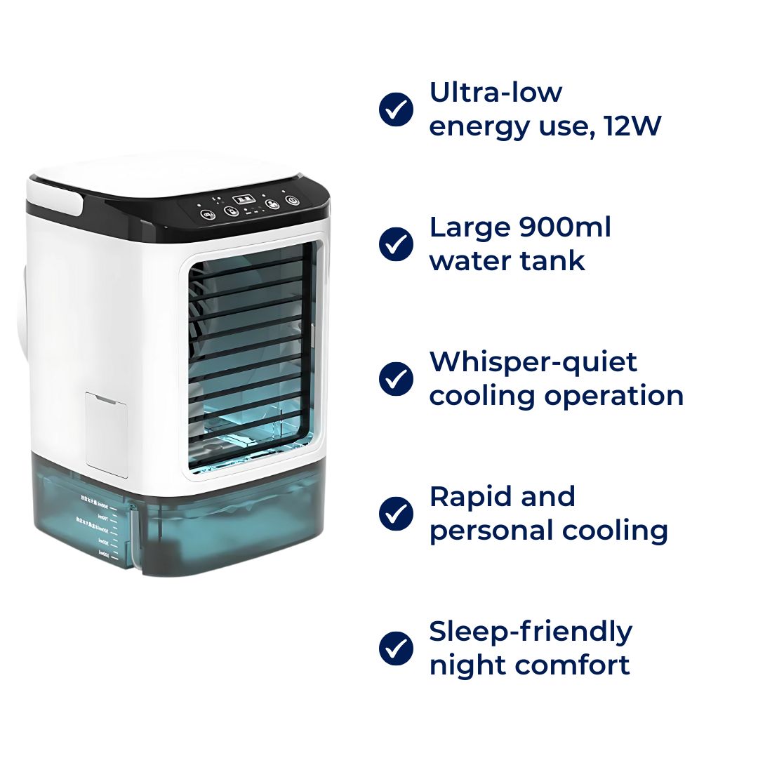 Stille 12W Kjølevifte – 900ml Tank – Energisparende – Bruk på Soverommet Skrivebord – Rask Kjøling – Søvnkomfort Skanto