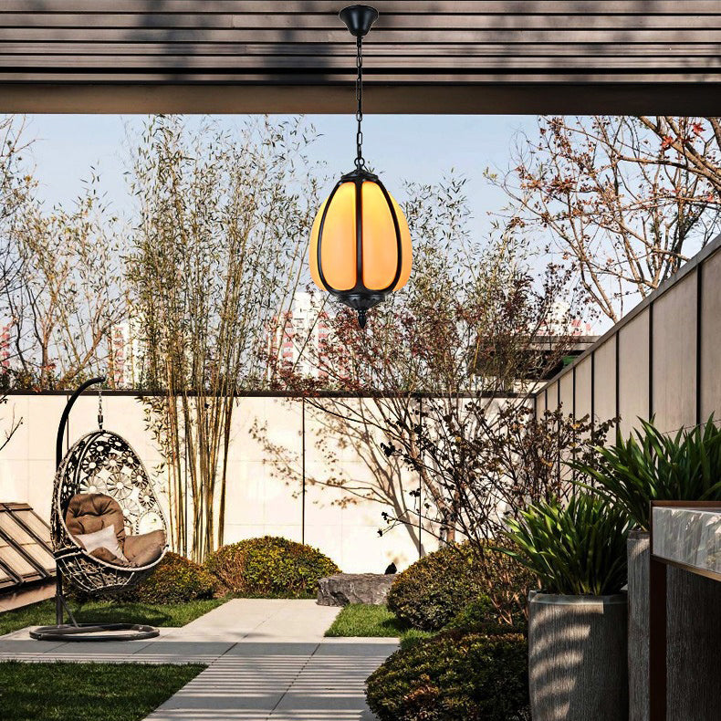 Tradisjonell kinesisk vanntett aluminium PC dolomitt elliptisk gresskar 1-lampe pendellampe for utendørs terrasse | Skanto