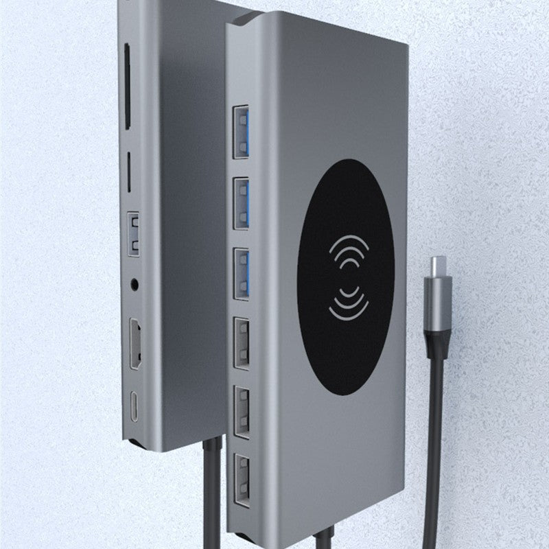 Skanto | Bærbar 15-i-1 USB C Hub Adapter, med Trådløs Lader, 4K USB C til HDMI, SD/TF Kortleser og Ethernet