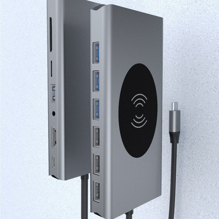 Skanto | Bærbar 15-i-1 USB C Hub Adapter, med Trådløs Lader, 4K USB C til HDMI, SD/TF Kortleser og Ethernet