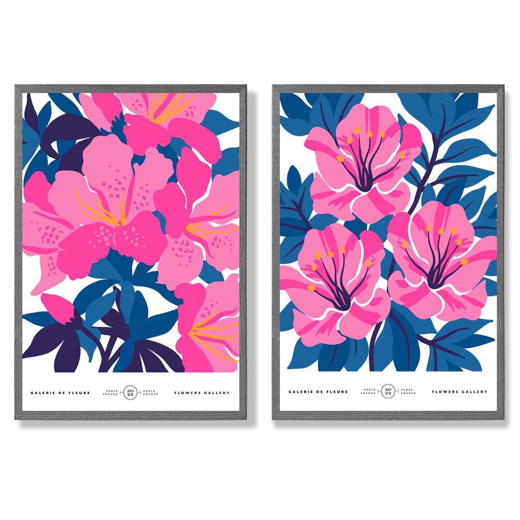 Lyseblått og rosa motiv av vårblomstermarked, innrammet sett med 2 kunsttrykk