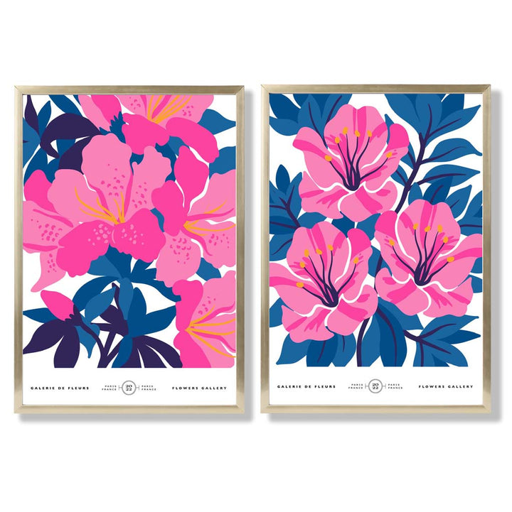 Lyseblått og rosa motiv av vårblomstermarked, innrammet sett med 2 kunsttrykk