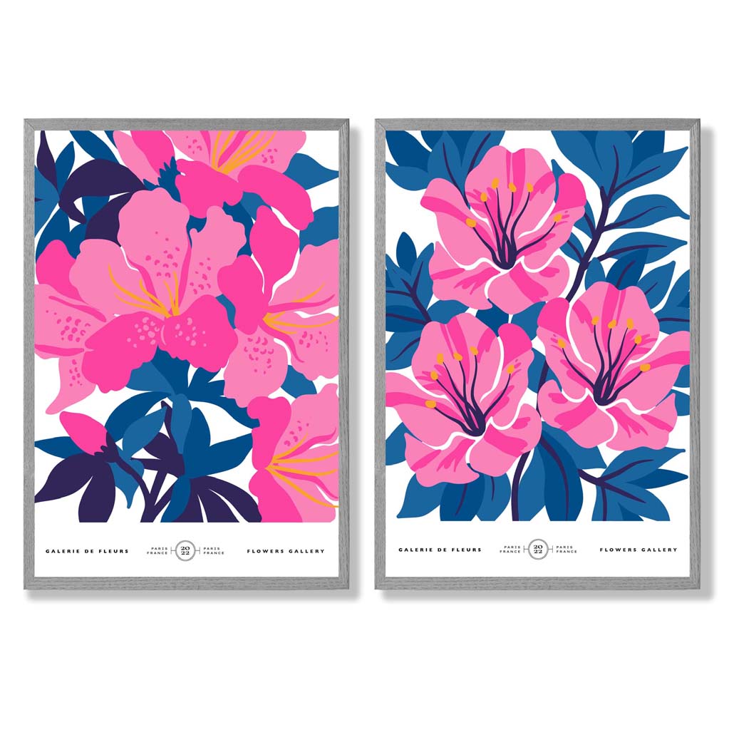Lyseblått og rosa motiv av vårblomstermarked, innrammet sett med 2 kunsttrykk