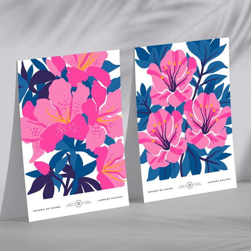 Sett med 2 kunsttrykk med vårblomster i knallblått og rosa