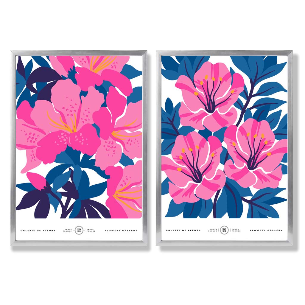 Lyseblått og rosa motiv av vårblomstermarked, innrammet sett med 2 kunsttrykk