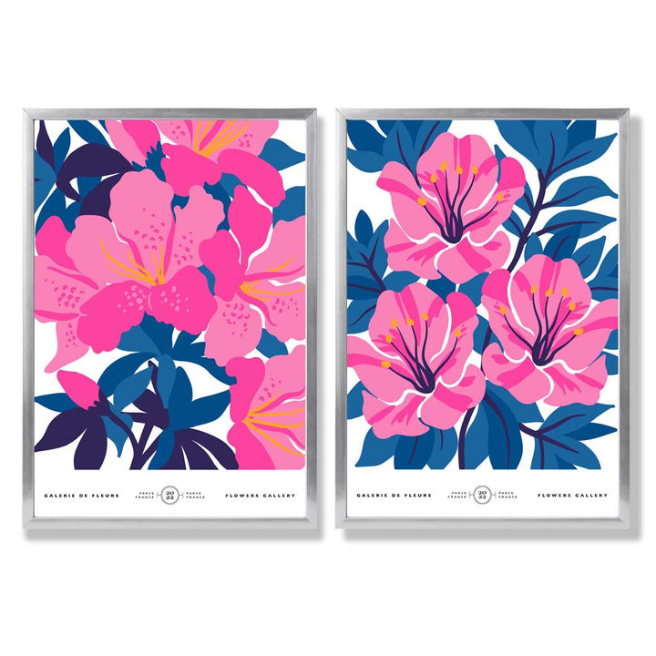 Lyseblått og rosa motiv av vårblomstermarked, innrammet sett med 2 kunsttrykk