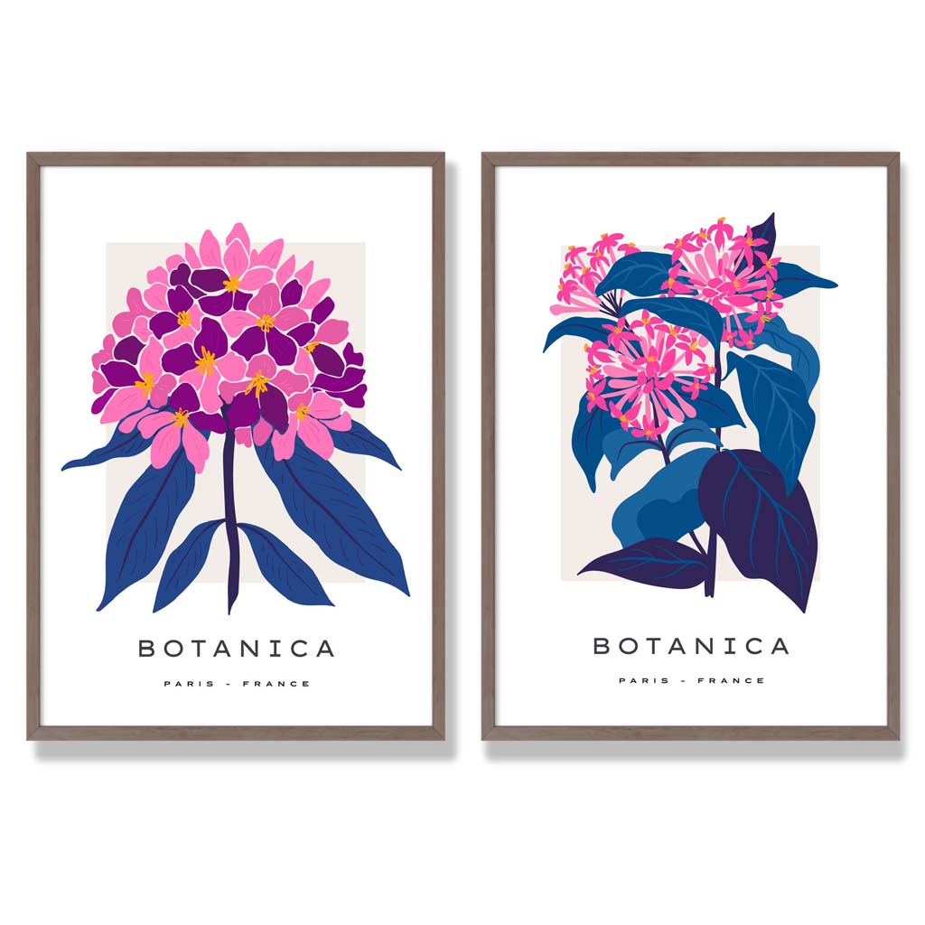 Sett med 2 innrammede kunsttrykk med motivet «Sommerblomstermarked» i knallrosa og blått