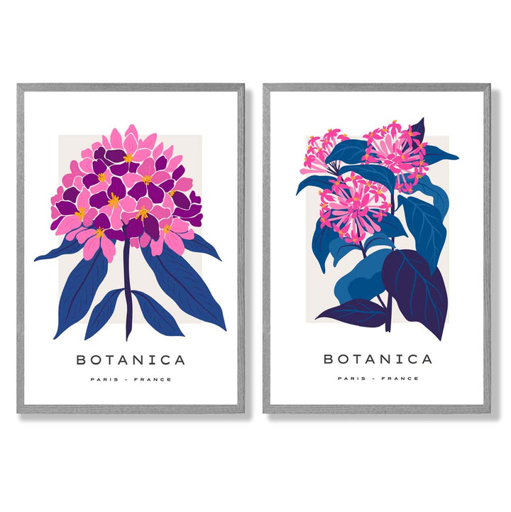 Sett med 2 innrammede kunsttrykk med motivet «Sommerblomstermarked» i knallrosa og blått