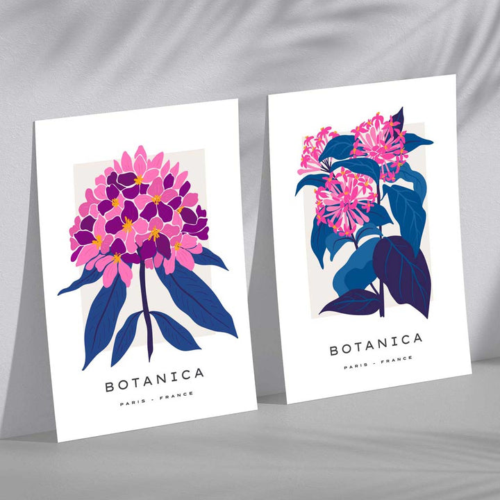 Sett med 2 innrammede kunsttrykk med motivet «Sommerblomstermarked» i knallrosa og blått