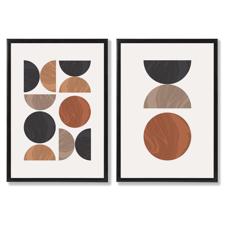 Sett med innrammede kunsttrykk i geometrisk mid-century-stil i svart og oransje (sett med 2)