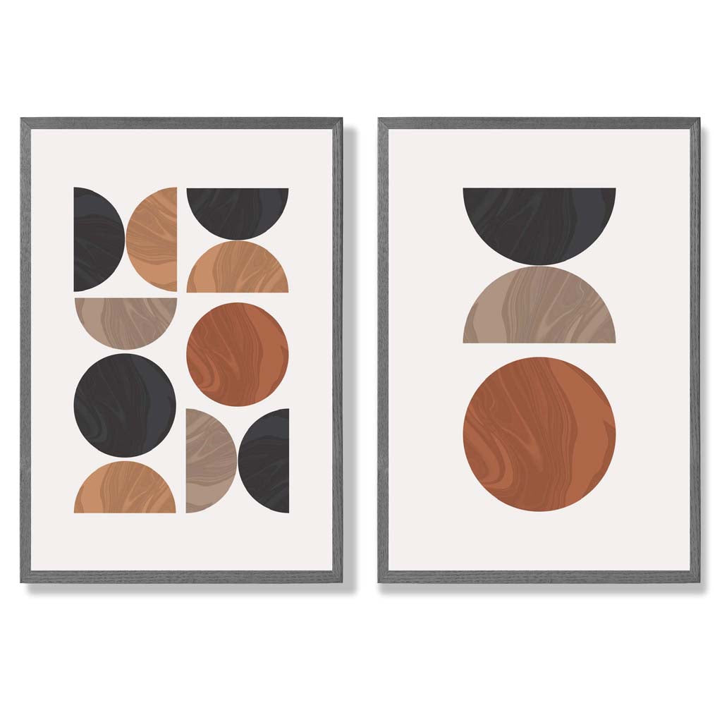 Sett med innrammede kunsttrykk i geometrisk mid-century-stil i svart og oransje (sett med 2)
