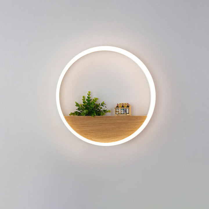 Skanto | Lumoshelf LED Vegglampe | Massiv Trematerial med Hylle | Rund Vegglampe | Varm & Hvit Lys