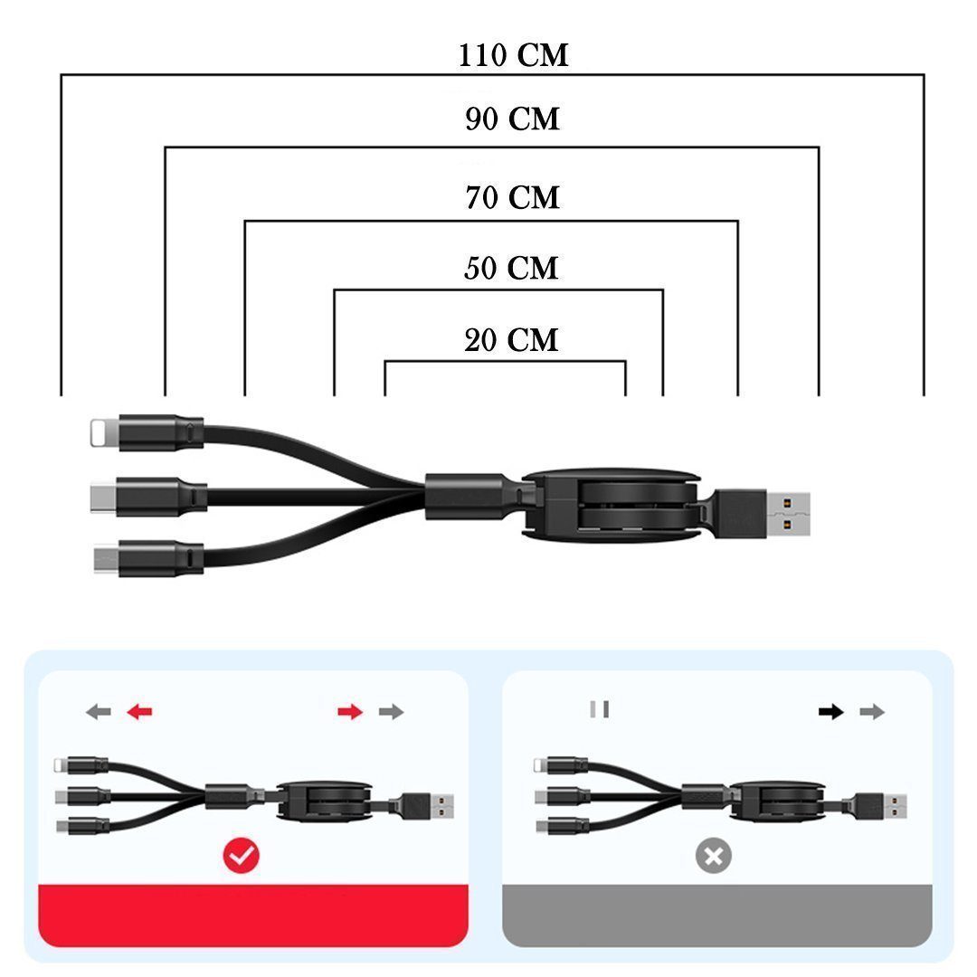 Skanto | 3-1 Uttrekkbar ladekabel for IOS, Micro og Type-c