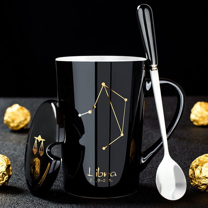 Skanto | 12 Zodiac Black Ceramic Mug with Lid and Spoon
