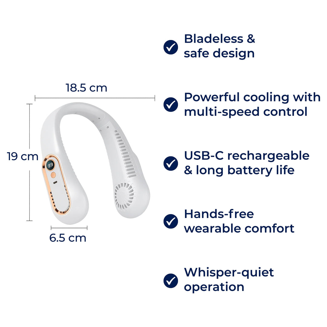 CoolEase | Bærbar Nakke Vifte – Håndfri Bladeless Kjøling – Fem Hastigheter USB-C – Reisekontor Pendler Skanto