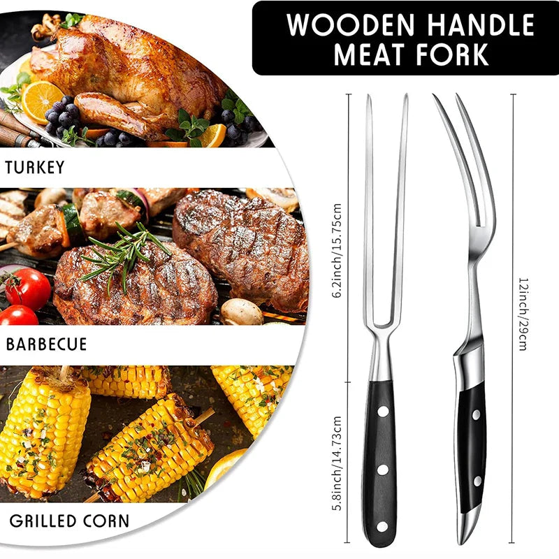 12" Rustfritt Stål Kjøttgaffel med Trehåndtak for Grill BBQ Matlaging | Skanto