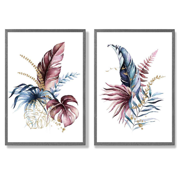 Abstrakt sett med 2 innrammede kunsttrykk med botaniske blader i rosa og blått