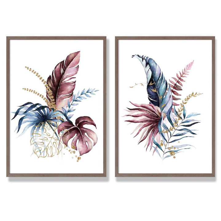 Abstrakt sett med 2 innrammede kunsttrykk med botaniske blader i rosa og blått