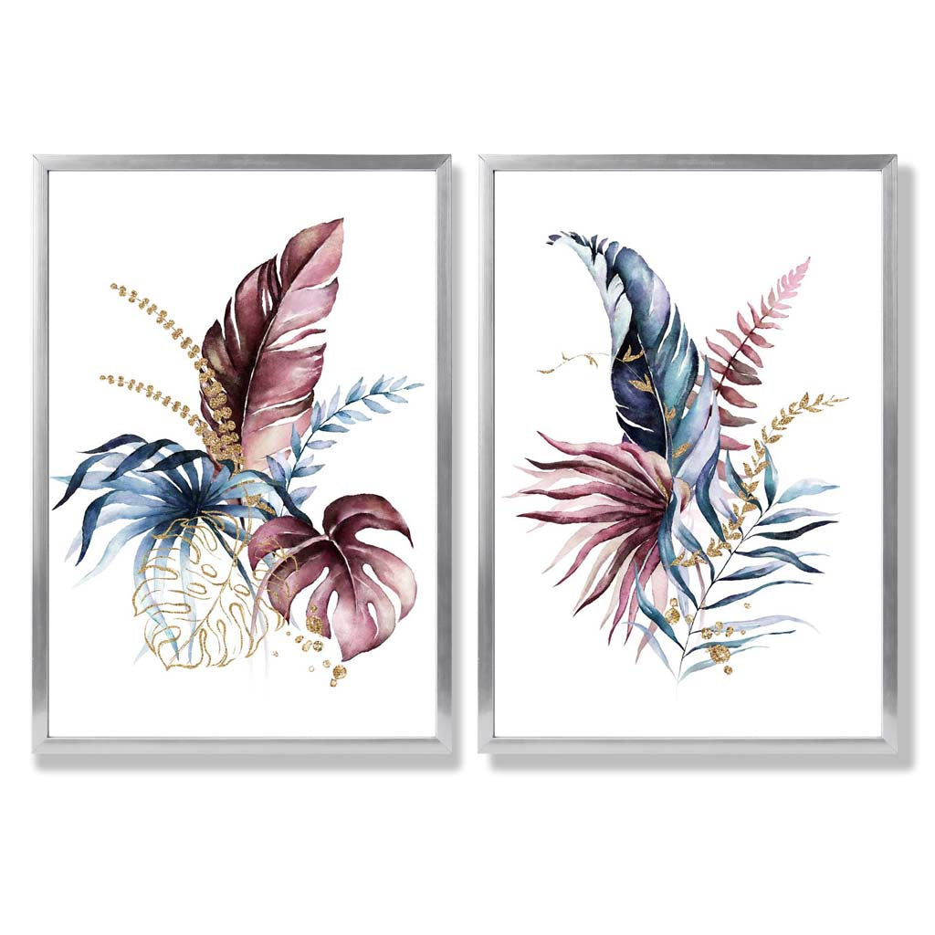 Abstrakt sett med 2 innrammede kunsttrykk med botaniske blader i rosa og blått