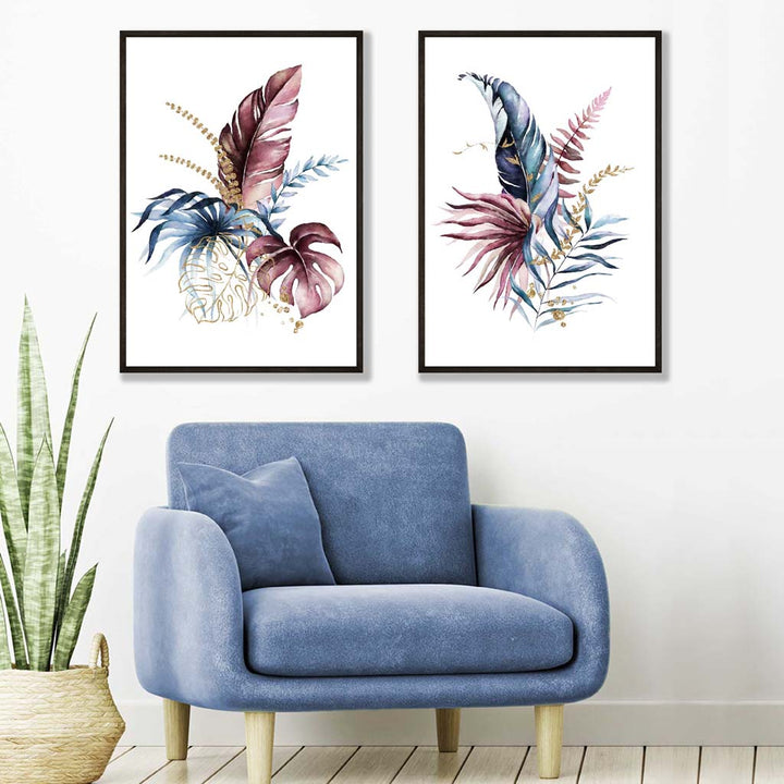 Abstrakt sett med 2 kunsttrykk med botaniske blader i rosa og blått