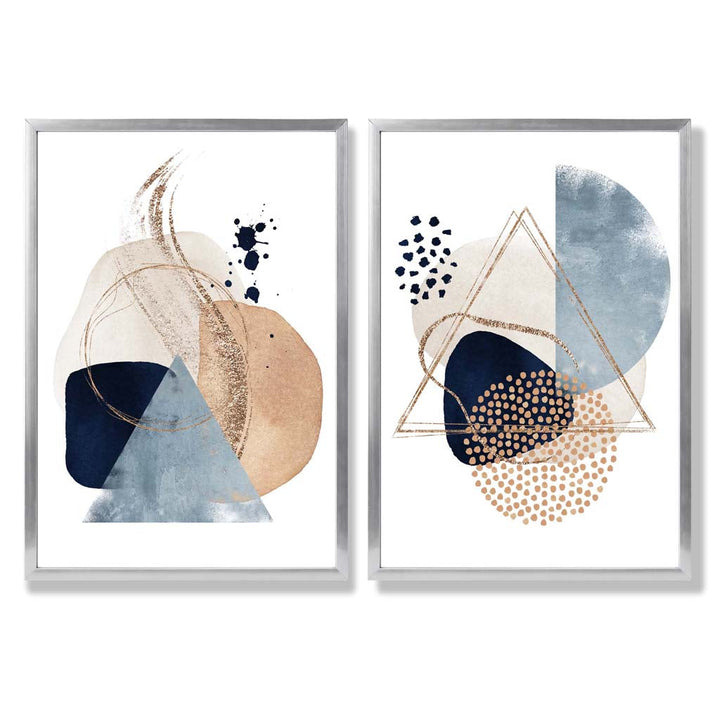 Sett med 2 kunsttrykk i akvarellstil med blå og beige former