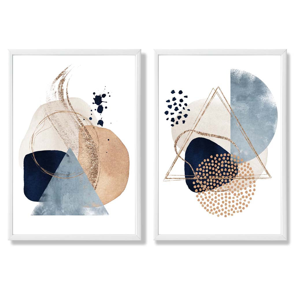 Sett med 2 kunsttrykk i akvarellstil med blå og beige former