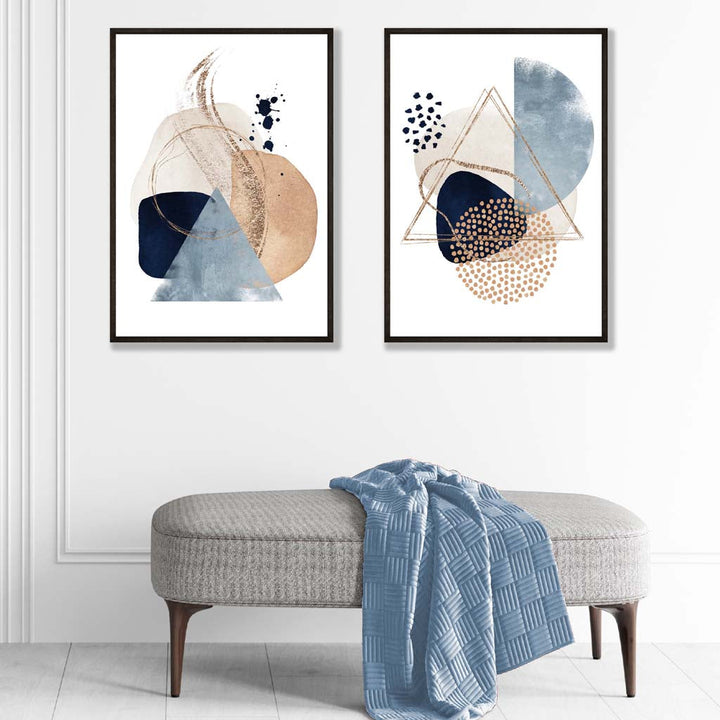Sett med 2 kunsttrykk i akvarellstil med blå og beige former