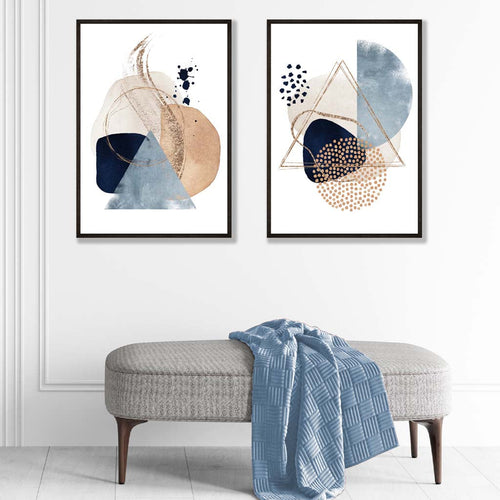 Sett med 2 kunsttrykk i akvarellstil med blå og beige former