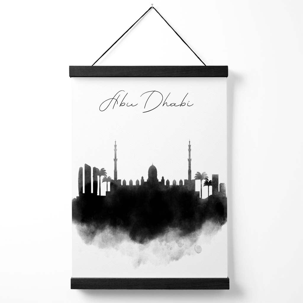 Abu Dhabi akvarell plakat med bysilhuett og oppheng