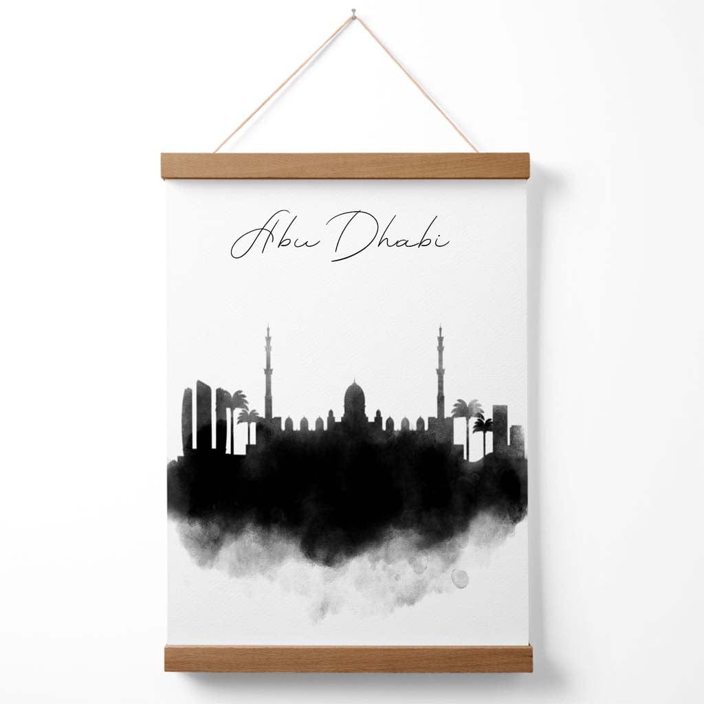Abu Dhabi akvarell plakat med bysilhuett og oppheng