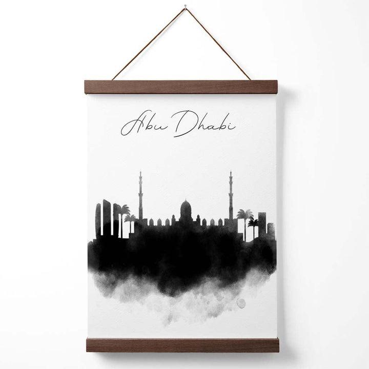 Abu Dhabi akvarell plakat med bysilhuett og oppheng