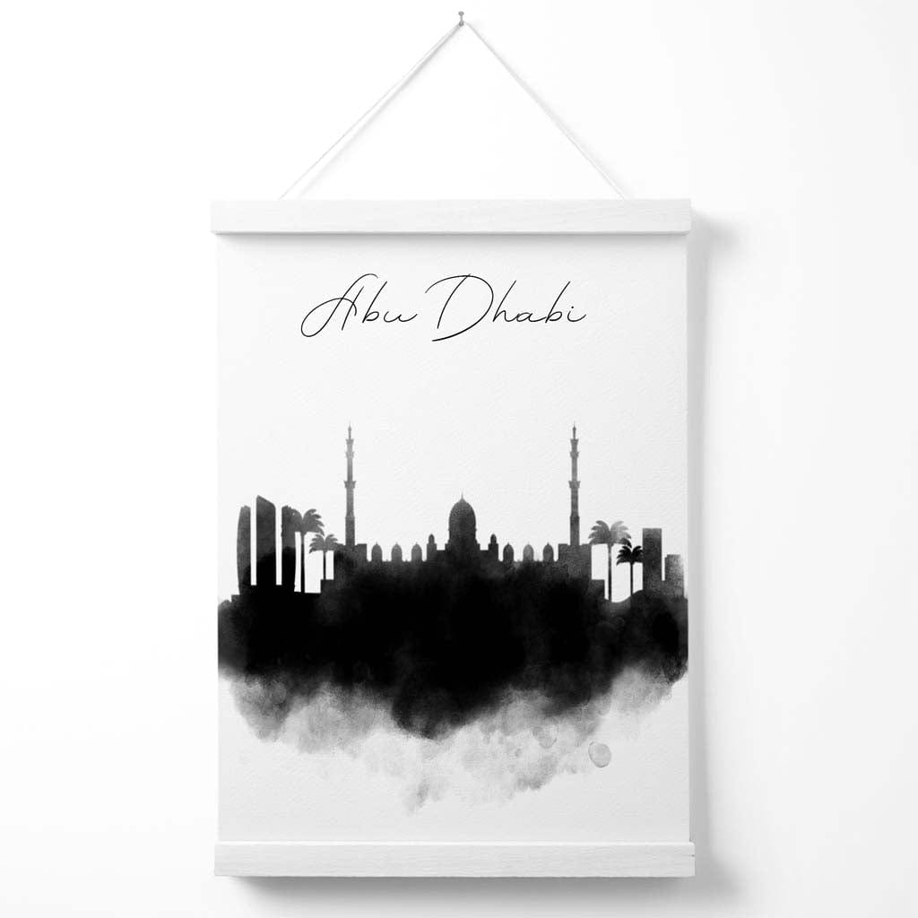 Abu Dhabi akvarell plakat med bysilhuett og oppheng