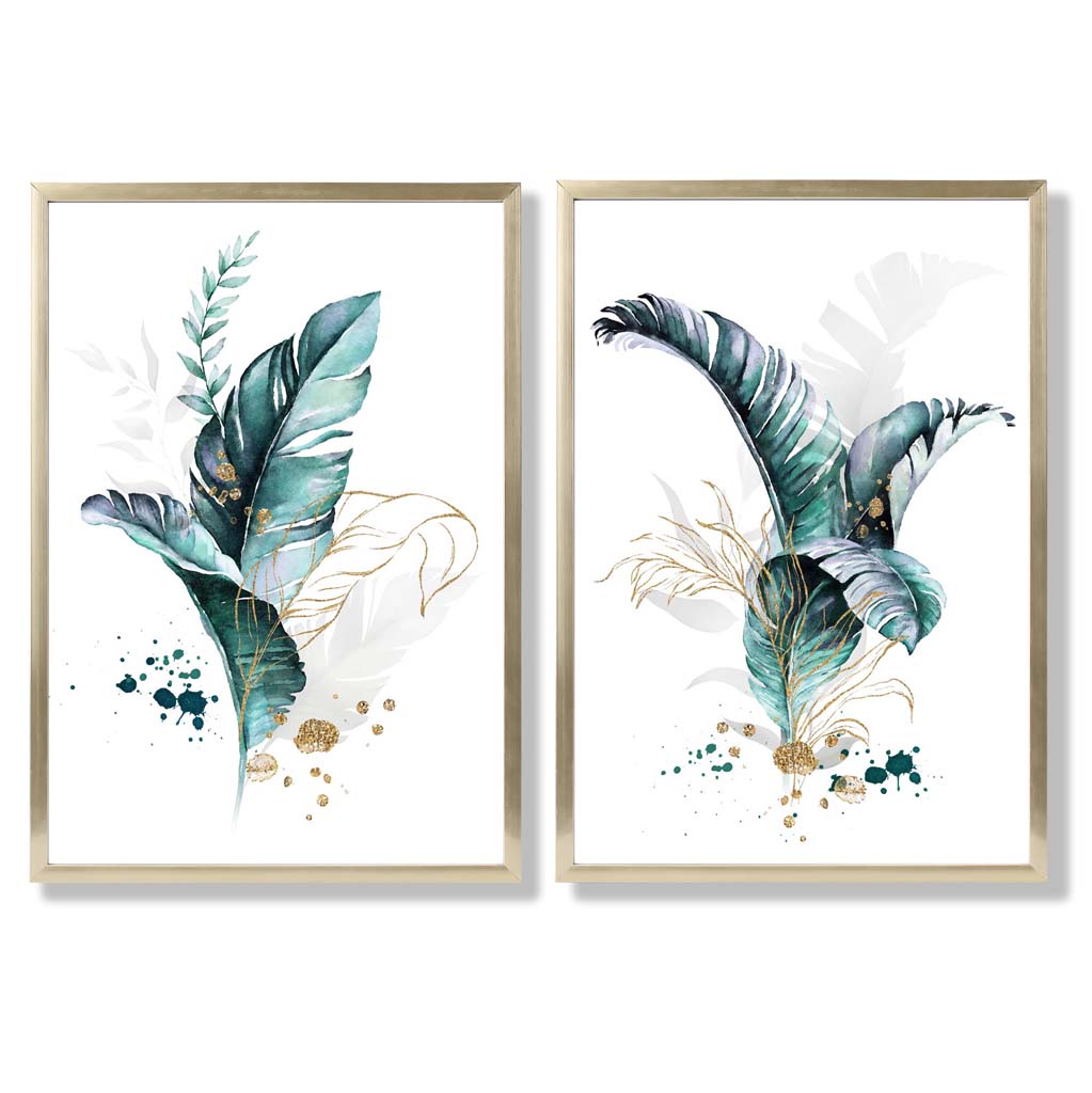 Abstrakt turkis botanisk bladmotiv, innrammet sett med 2 kunsttrykk