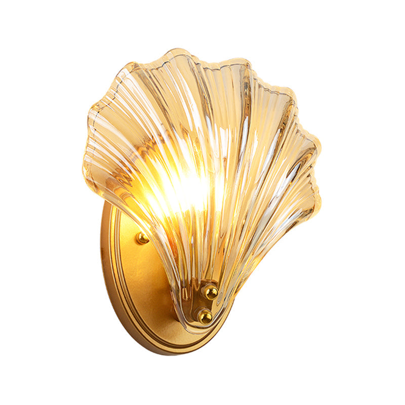 Single Scalloped Shell Vegglampe Landstil Svart/Gull Ribbet Glass Vegglys Armatur | Skanto
