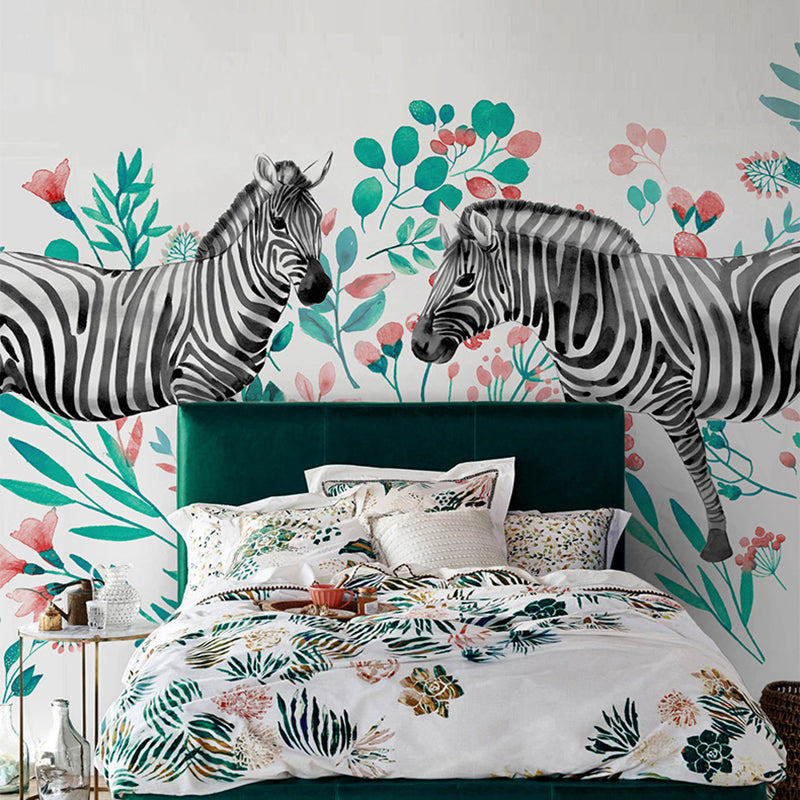 Norvo | Stilige zebra tapeter med flerfargede blomstermønster på hvit for soverommet