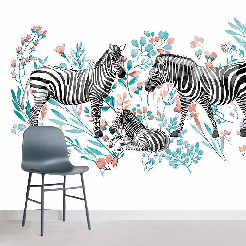 Norvo | Stilige zebra tapeter med flerfargede blomstermønster på hvit for soverommet
