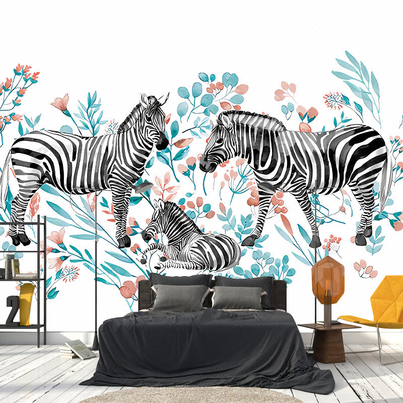 Norvo | Stilige zebra tapeter med flerfargede blomstermønster på hvit for soverommet