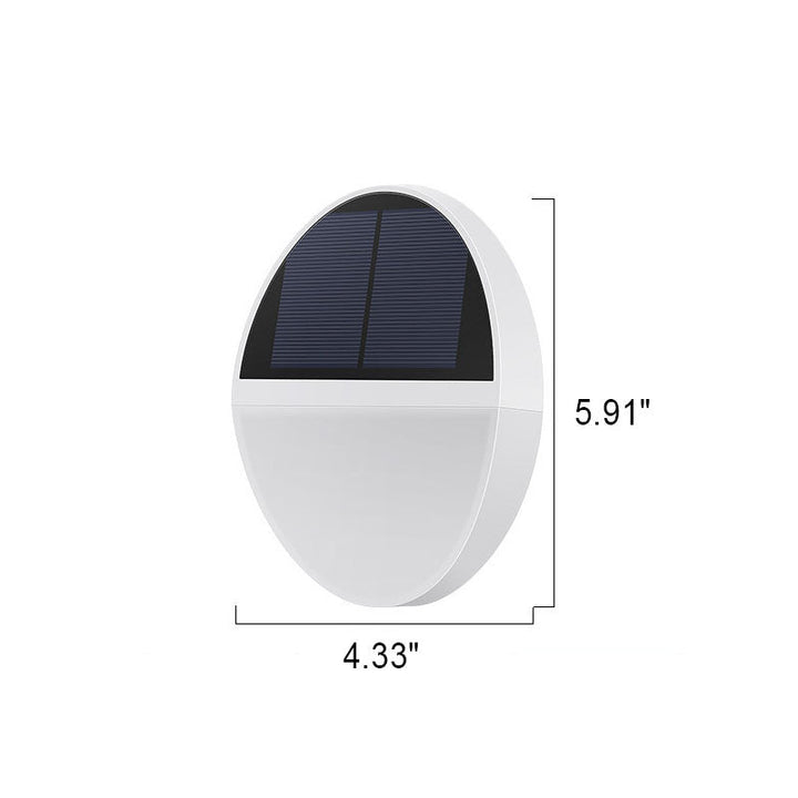 Soldrevet, vanntett, rund, flat LED-vegglampe med radarsensor for utendørs bruk