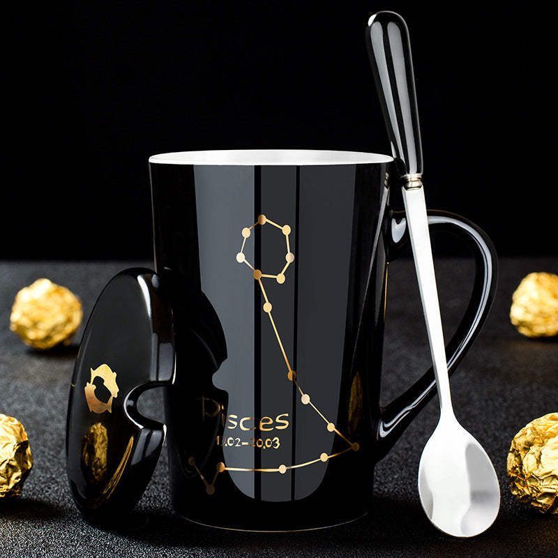 Skanto | 12 Zodiac Black Ceramic Mug with Lid and Spoon