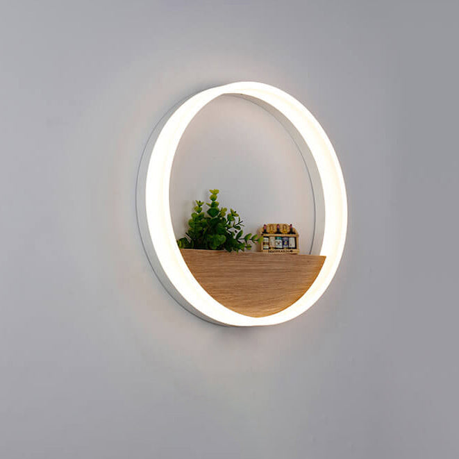 Skanto | Lumoshelf LED Vegglampe | Massiv Trematerial med Hylle | Rund Vegglampe | Varm & Hvit Lys