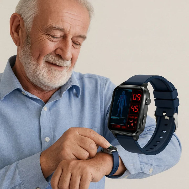 GlucoWell | Ikke-invasiv diabetes-smartklokke – blodsukkermonitor – HD-display – smertefri glukose-sporing for voksne Skanto