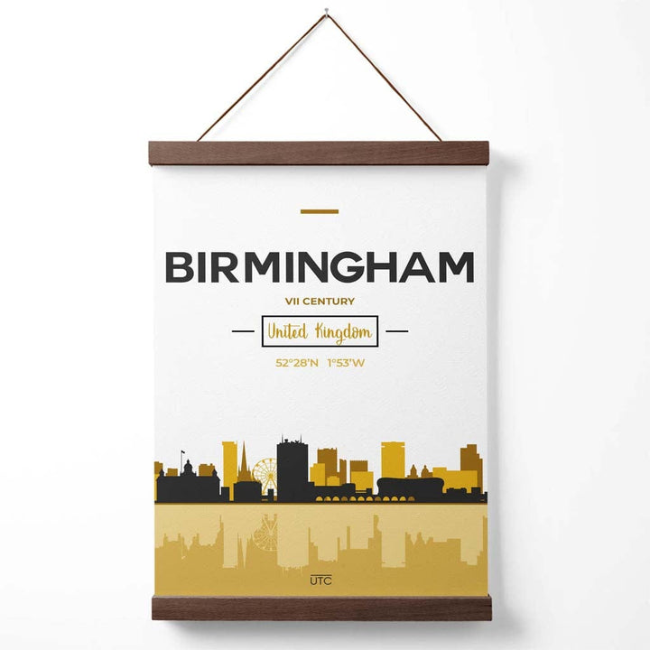 Birmingham bybildeplakat i gult og svart med oppheng