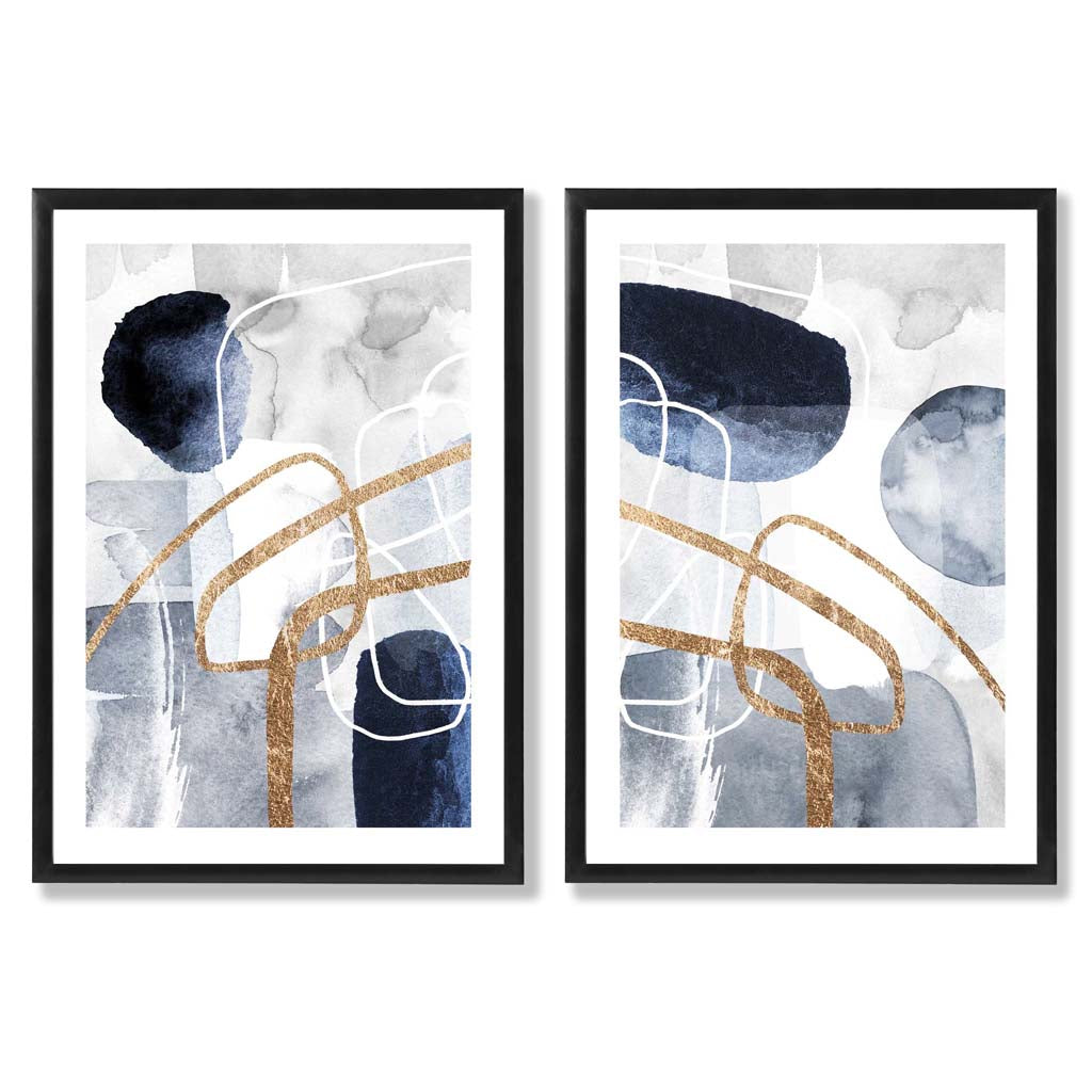 Sett med 2 kunsttrykk i abstrakt rammedesign i blått og gull