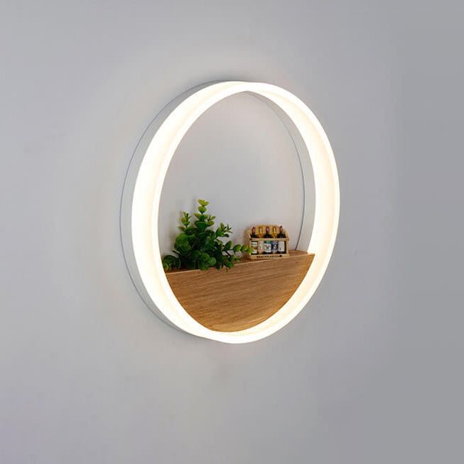 Skanto | Lumoshelf LED Vegglampe | Massiv Trematerial med Hylle | Rund Vegglampe | Varm & Hvit Lys