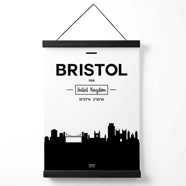 Plakat med bybilde av Bristol (svart-hvitt) med oppheng